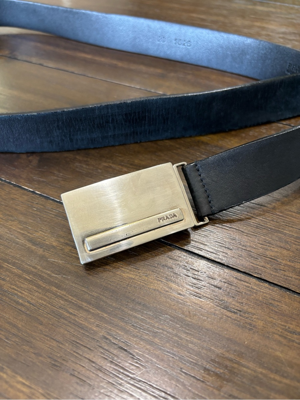 Prada Made in Italy Black Leather Belt Silver Logo Buckle Size 95/38